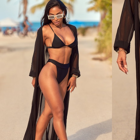 Black/white maxi belted beach kimono - Picture 4 of 14